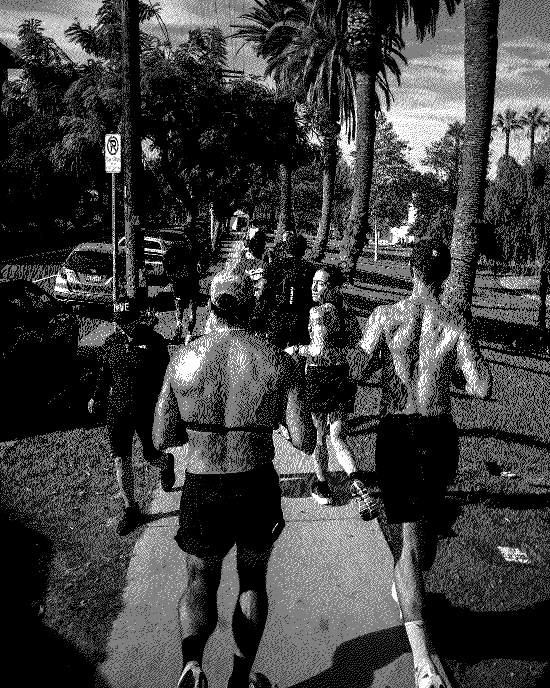 A pack of runners on a palm-lined Echo Park sidewalk at High Mileage Run 001, rendered in one-bit dither